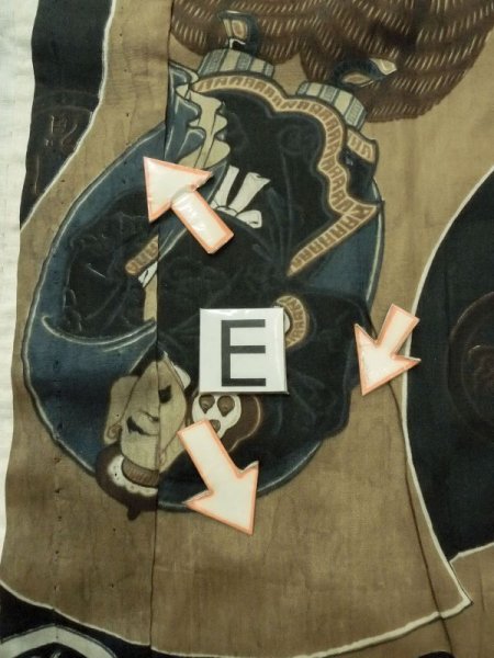 Photo18: M1128K Vintage Japanese   Black Men's Juban / Synthetic. Rock Seven Gods of Fortune design, old coins pattern.  (Grade D) (18)