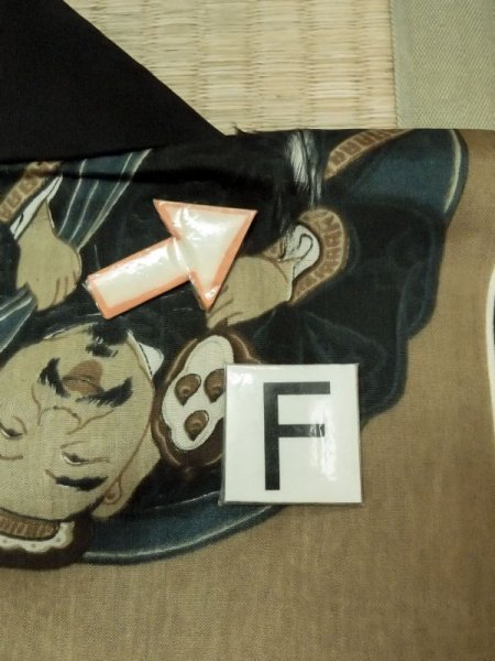 Photo19: M1128K Vintage Japanese   Black Men's Juban / Synthetic. Rock Seven Gods of Fortune design, old coins pattern.  (Grade D) (19)