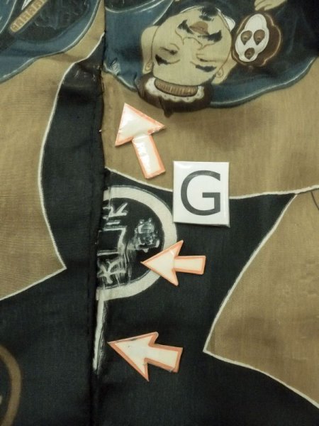 Photo20: M1128K Vintage Japanese   Black Men's Juban / Synthetic. Rock Seven Gods of Fortune design, old coins pattern.  (Grade D) (20)