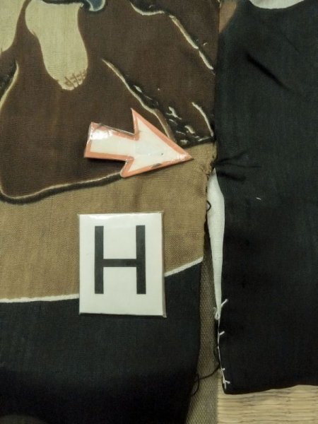 Photo21: M1128K Vintage Japanese   Black Men's Juban / Synthetic. Rock Seven Gods of Fortune design, old coins pattern.  (Grade D) (21)