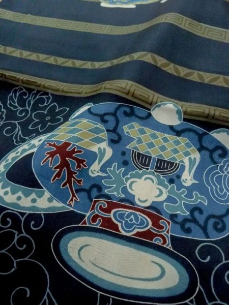 Photo9: M1128M Vintage Japanese   Indigo Blue Men's Juban / Synthetic. Bird,   (Grade C) (9)