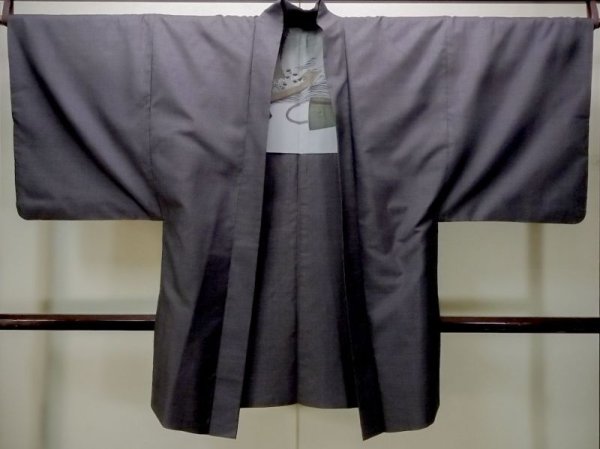 Photo1: M1128R Vintage Japanese  Bluish Gray HAORI short jacket / Silk. Tortoise-shell pattern(Hexagonal pattern)   (Grade B) (1)