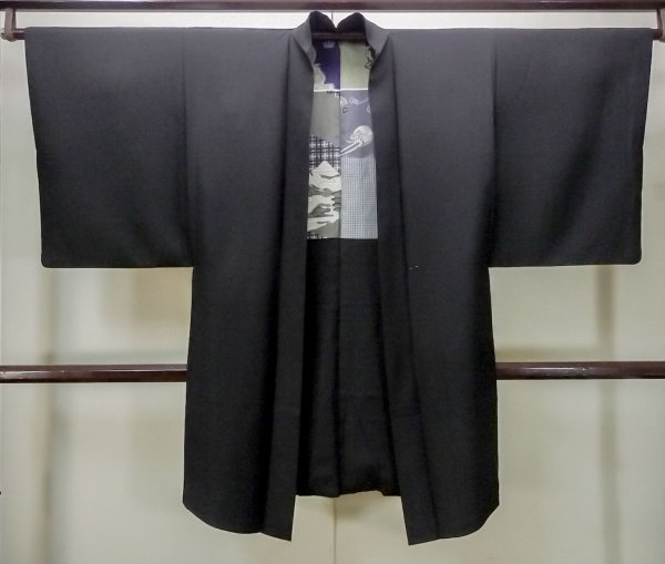 Photo1: M1128W Vintage Japanese   Black HAORI short jacket / Silk.    (Grade B) (1)