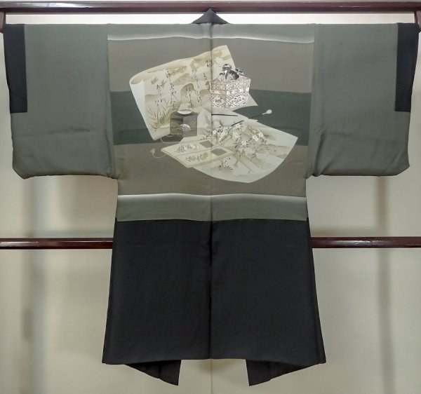 Photo3: M1129B Vintage Japanese   Black HAORI short jacket / Silk.    (Grade D) (3)