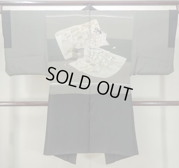 Photo3: M1129B Vintage Japanese   Black HAORI short jacket / Silk.    (Grade D) (3)