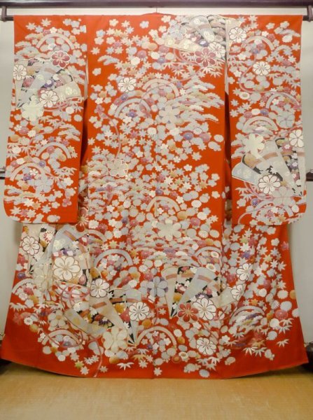 Photo1: M1207A Vintage Japanese women   Red FURISODE long-sleeved / Silk. Peony,   (Grade B) (1)