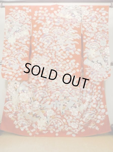 Photo1: M1207A Vintage Japanese women   Red FURISODE long-sleeved / Silk. Peony,   (Grade B) (1)