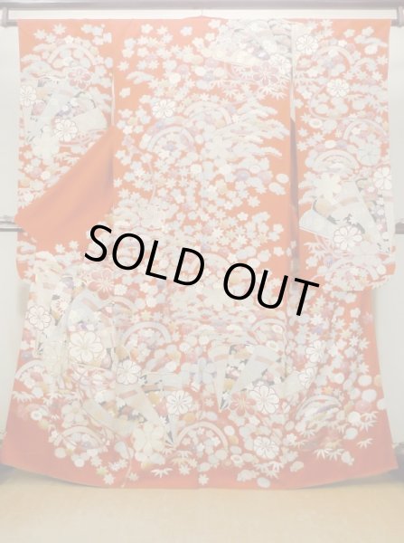 Photo2: M1207A Vintage Japanese women   Red FURISODE long-sleeved / Silk. Peony,   (Grade B) (2)