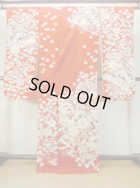 Photo3: M1207A Vintage Japanese women   Red FURISODE long-sleeved / Silk. Peony,   (Grade B) (3)