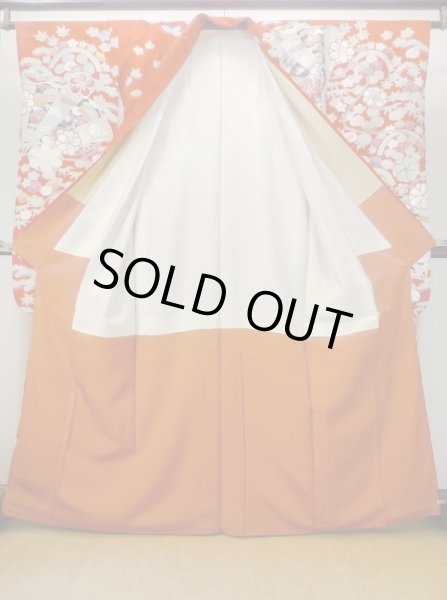 Photo4: M1207A Vintage Japanese women   Red FURISODE long-sleeved / Silk. Peony,   (Grade B) (4)