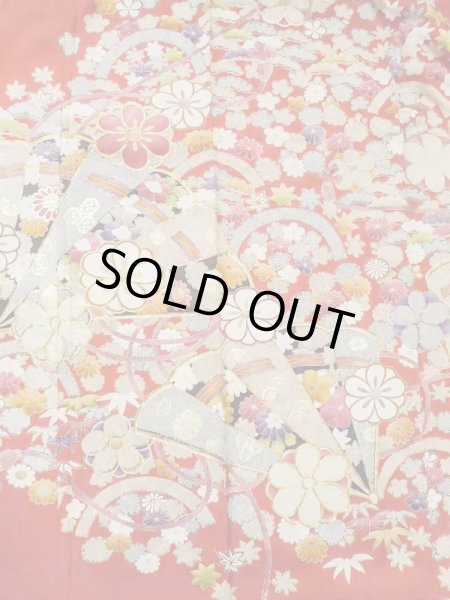 Photo5: M1207A Vintage Japanese women   Red FURISODE long-sleeved / Silk. Peony,   (Grade B) (5)