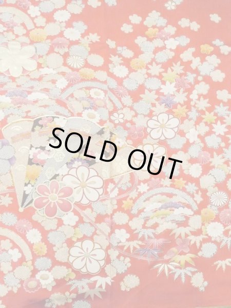 Photo6: M1207A Vintage Japanese women   Red FURISODE long-sleeved / Silk. Peony,   (Grade B) (6)