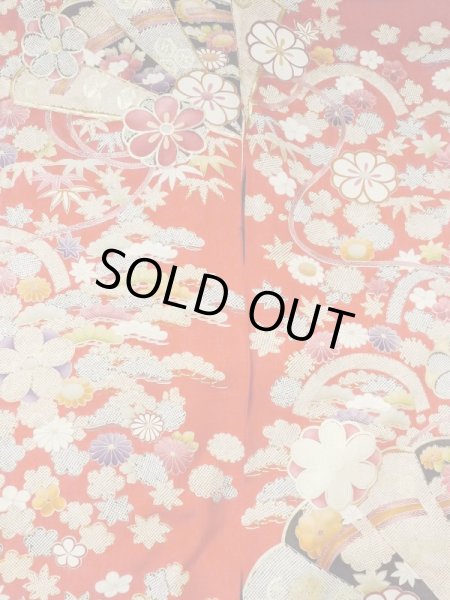 Photo7: M1207A Vintage Japanese women   Red FURISODE long-sleeved / Silk. Peony,   (Grade B) (7)