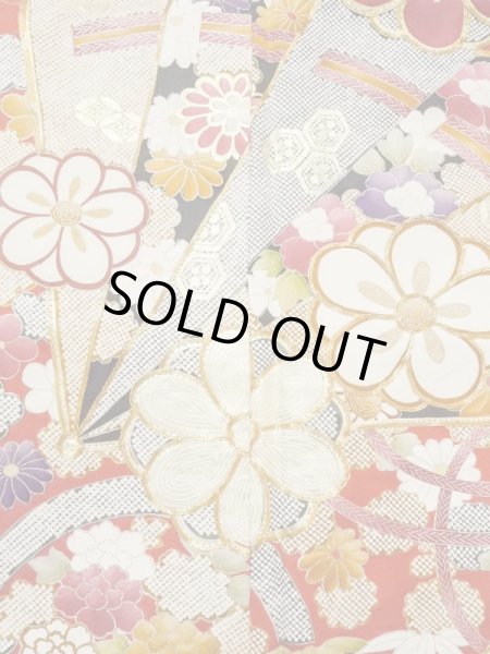 Photo8: M1207A Vintage Japanese women   Red FURISODE long-sleeved / Silk. Peony,   (Grade B) (8)