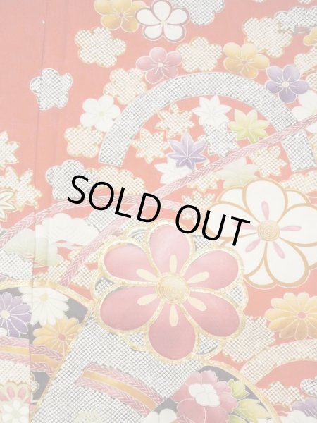 Photo9: M1207A Vintage Japanese women   Red FURISODE long-sleeved / Silk. Peony,   (Grade B) (9)