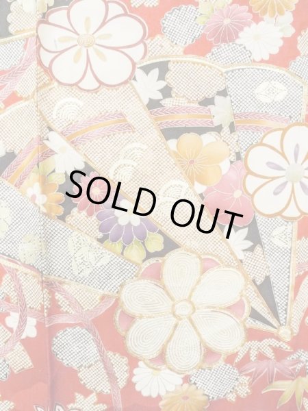 Photo10: M1207A Vintage Japanese women   Red FURISODE long-sleeved / Silk. Peony,   (Grade B) (10)