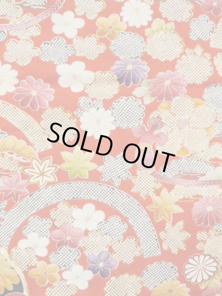 Photo11: M1207A Vintage Japanese women   Red FURISODE long-sleeved / Silk. Peony,   (Grade B) (11)