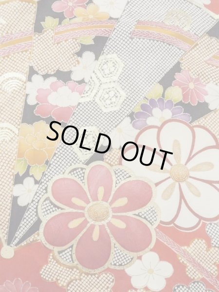 Photo12: M1207A Vintage Japanese women   Red FURISODE long-sleeved / Silk. Peony,   (Grade B) (12)