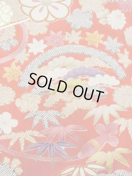 Photo13: M1207A Vintage Japanese women   Red FURISODE long-sleeved / Silk. Peony,   (Grade B) (13)