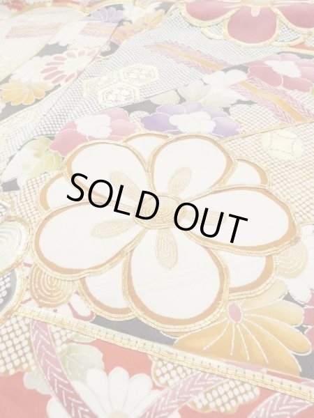 Photo14: M1207A Vintage Japanese women   Red FURISODE long-sleeved / Silk. Peony,   (Grade B) (14)