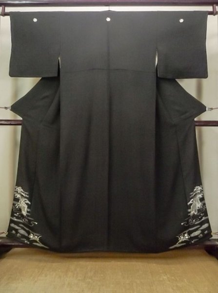 Photo1: M1207C Antique Japanese women   Black TOMESODE formal / Silk. MOMIJI maple leaf,   (Grade B) (1)