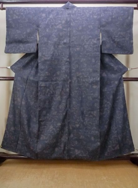 Photo1: M1207L Vintage Japanese women  Grayish Navy Blue ORI woven / Silk. Flower,   (Grade B) (1)