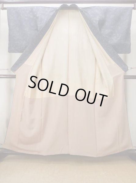 Photo2: M1207L Vintage Japanese women  Grayish Navy Blue ORI woven / Silk. Flower,   (Grade B) (2)