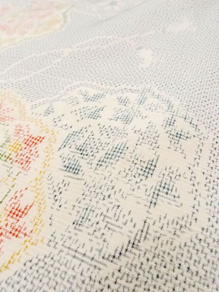 Photo10: M1207N Used Japanese women  Pale Light Blue TOKAMACHI-TSUMUGI / Silk. Flower, A mirror pattern  (Grade A) (10)