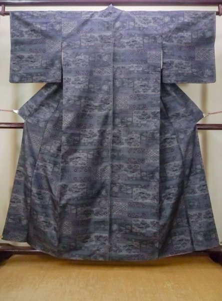 Photo1: M1207P Used Japanese women  Dark Multi Color TSUMUGI pongee / Silk. Flower,   (Grade B) (1)