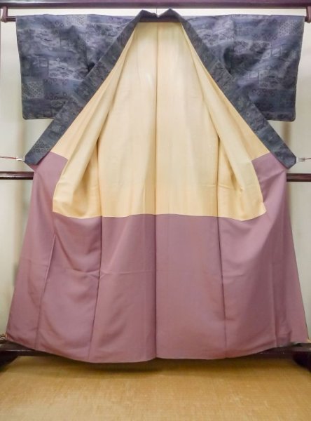 Photo2: M1207P Used Japanese women  Dark Multi Color TSUMUGI pongee / Silk. Flower,   (Grade B) (2)