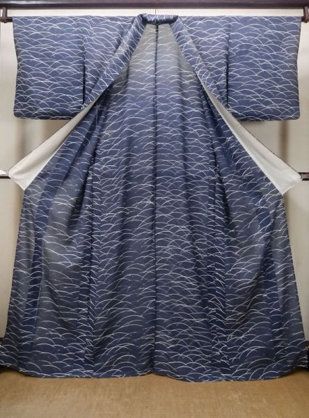 Photo2: M1207W Used Japanese women   Navy Blue HITOE unlined / Silk. Grass   (Grade C) (2)