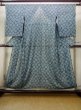Photo1: M1208A Vintage Japanese women  Grayish Light Blue Cutting cloth / Silk. Stripes, Stains/Soils all over.  (Grade D) (1)