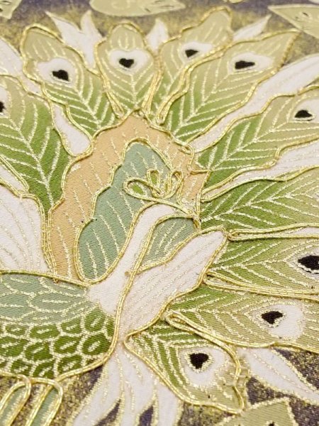 Photo12: M1215Q Vintage Japanese women   Black TOMESODE formal / Silk. Peacock,   (Grade C) (12)