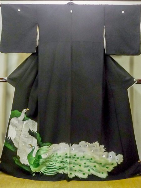 Photo1: M1215R Vintage Japanese women   Black TOMESODE formal / Silk. Peacock   (Grade C) (1)