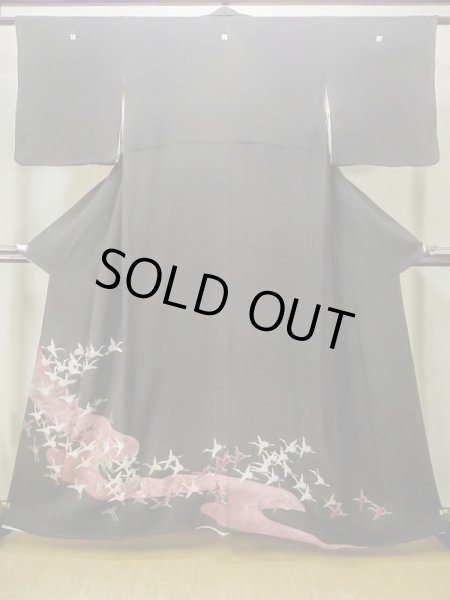 Photo1: M1215W Vintage Japanese women   Black TOMESODE formal / Silk. Crane Discolored all over. Aging deterioration. There is an impression from use.  (Grade C) (1)