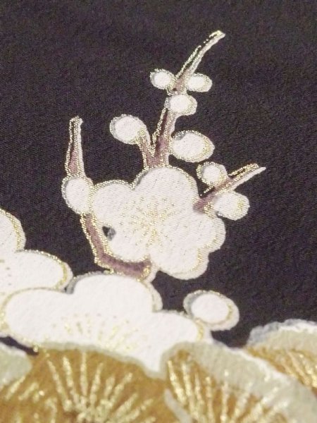 Photo12: M1216C Vintage Japanese women   Black TOMESODE formal / Synthetic. UME plum bloom,   (Grade C) (12)