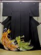 Photo1: M1216D Vintage Japanese women   Black TOMESODE formal / Silk. KUMIHIMO rope with tassels Straw design  (Grade B) (1)