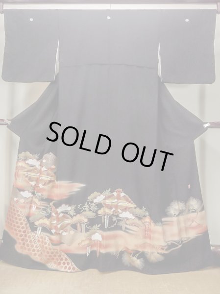 Photo1: M1228I Vintage Japanese women   Black TOMESODE formal / Synthetic. UME plum bloom,   (Grade C) (1)