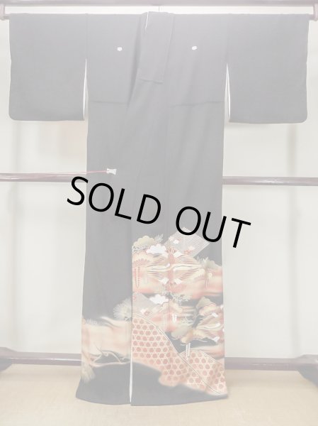 Photo2: M1228I Vintage Japanese women   Black TOMESODE formal / Synthetic. UME plum bloom,   (Grade C) (2)