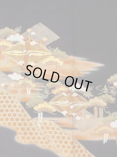 Photo5: M1228I Vintage Japanese women   Black TOMESODE formal / Synthetic. UME plum bloom,   (Grade C) (5)