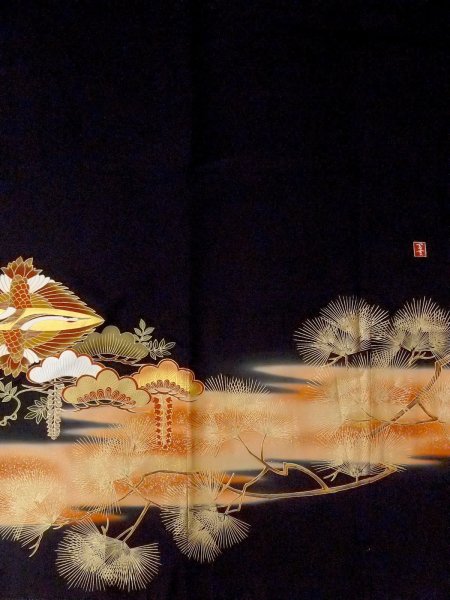 Photo6: M1228I Vintage Japanese women   Black TOMESODE formal / Synthetic. UME plum bloom,   (Grade C) (6)