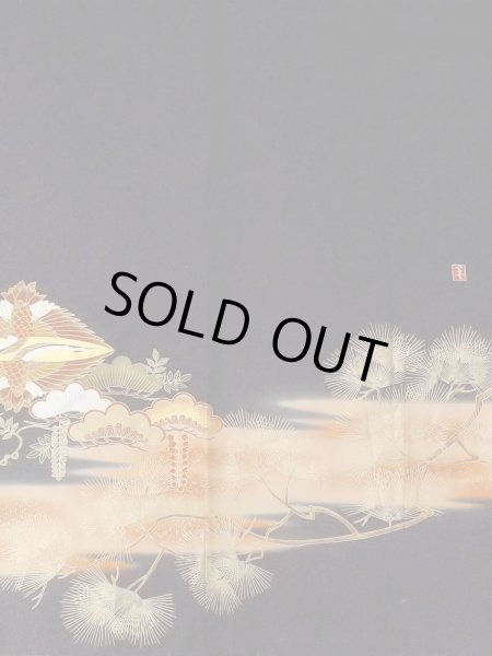 Photo6: M1228I Vintage Japanese women   Black TOMESODE formal / Synthetic. UME plum bloom,   (Grade C) (6)