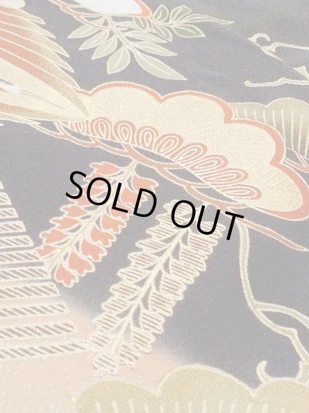 Photo13: M1228I Vintage Japanese women   Black TOMESODE formal / Synthetic. UME plum bloom,   (Grade C) (13)