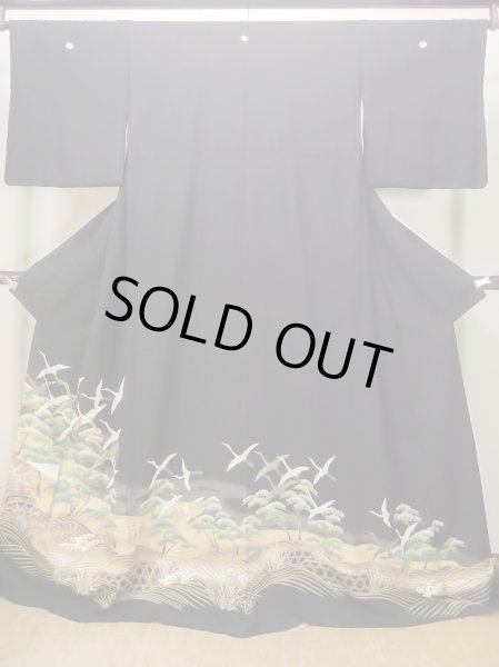 Photo2: M1228J Vintage Japanese women   Black TOMESODE formal / Silk. Pine tree/branch/needle, Small holes all over.  (Grade D) (2)