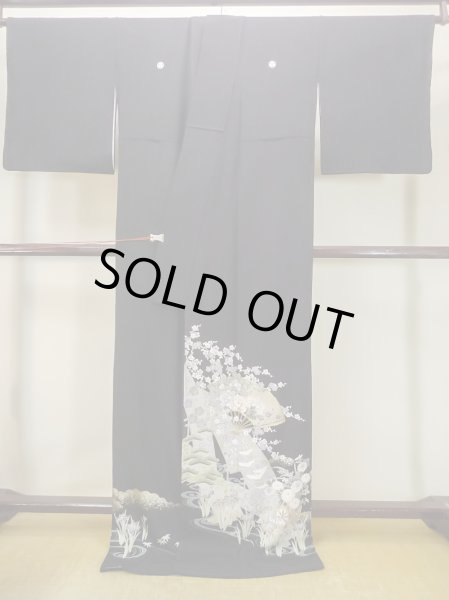 Photo2: M1228R Vintage Japanese women   Black TOMESODE formal / Synthetic. SAKURA cherry blossom,   (Grade C) (2)