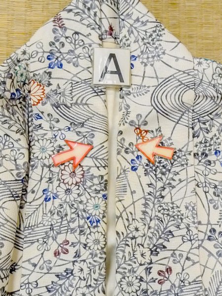 Photo14: M1228T Vintage Japanese women   White KOMON dyed / Synthetic. Chrysanthemum,   (Grade C) (14)