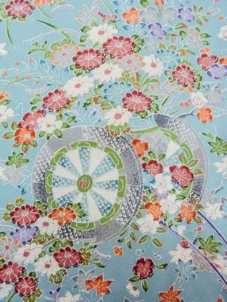 Photo5: M1228V Vintage Japanese women  Pale Light Blue KOMON dyed / Silk. Chrysanthemum,   (Grade C) (5)