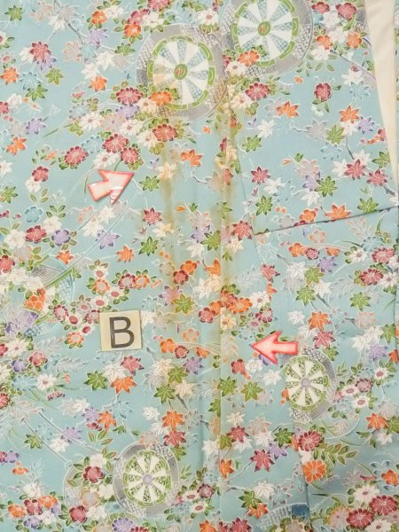 Photo15: M1228V Vintage Japanese women  Pale Light Blue KOMON dyed / Silk. Chrysanthemum,   (Grade C) (15)
