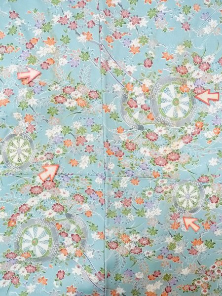 Photo21: M1228V Vintage Japanese women  Pale Light Blue KOMON dyed / Silk. Chrysanthemum,   (Grade C) (21)