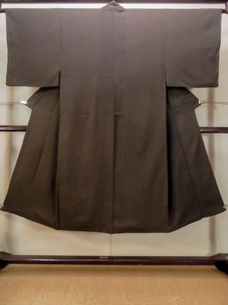 Photo1: N0116L Vintage Japanese  Dark Brown Men's Kimono / Silk. Stripes   (Grade C) (1)